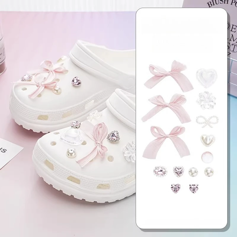 Luxury Bow Heart Shoe Charms for Summer Beach Sandals Rhinestone Ballet Style Decorations DIY Accessories Women Girls Gifts