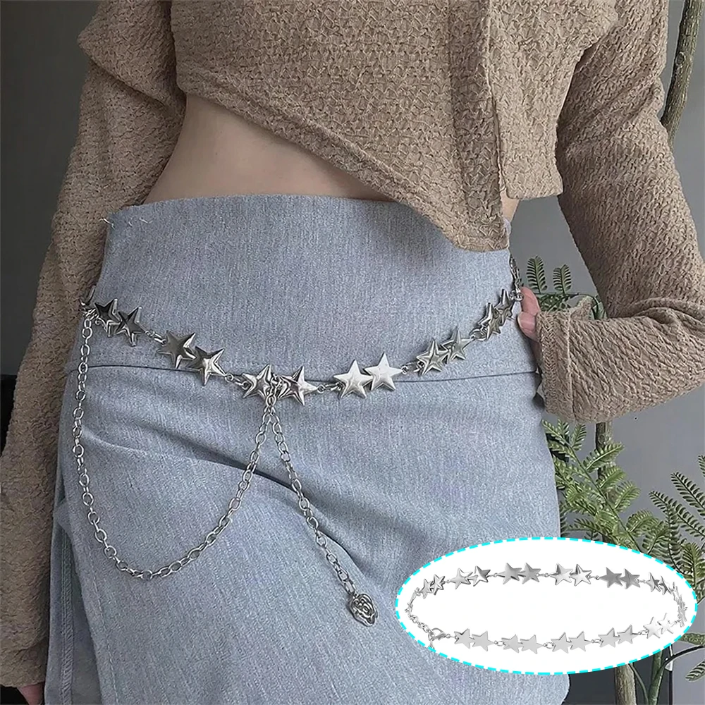 Fashion Luxury Silver Stars Waist Chain Belt Punk Gothic Y2K Waistband Designer Belts for Women Dress Shirt Accessory Decor