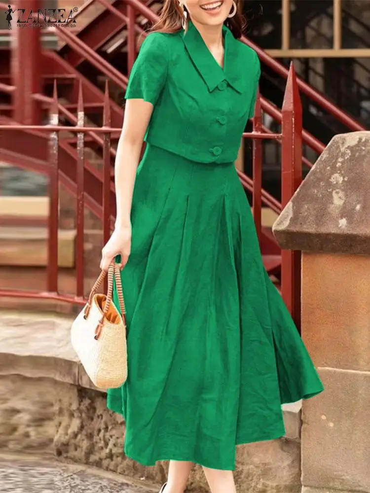 ZANZEA Women Two Piece Sets 2024 Summer Matching Sets Office Short Sleeve Outwear And Tank Dress Outfits Casual Solid Dress Suit