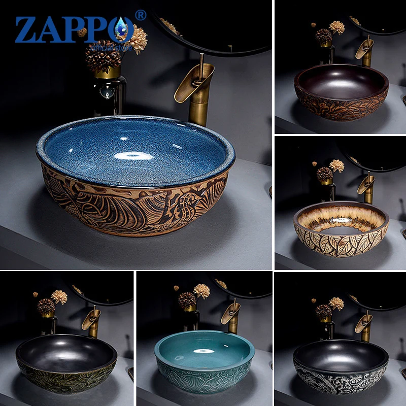 ZAPPO Jindezhen Ceramic Bowl Sink Bathroom Round Vessel Basin Bathroom Countertop Sink Art Basin Sink Faucet Combo Deck Mounted