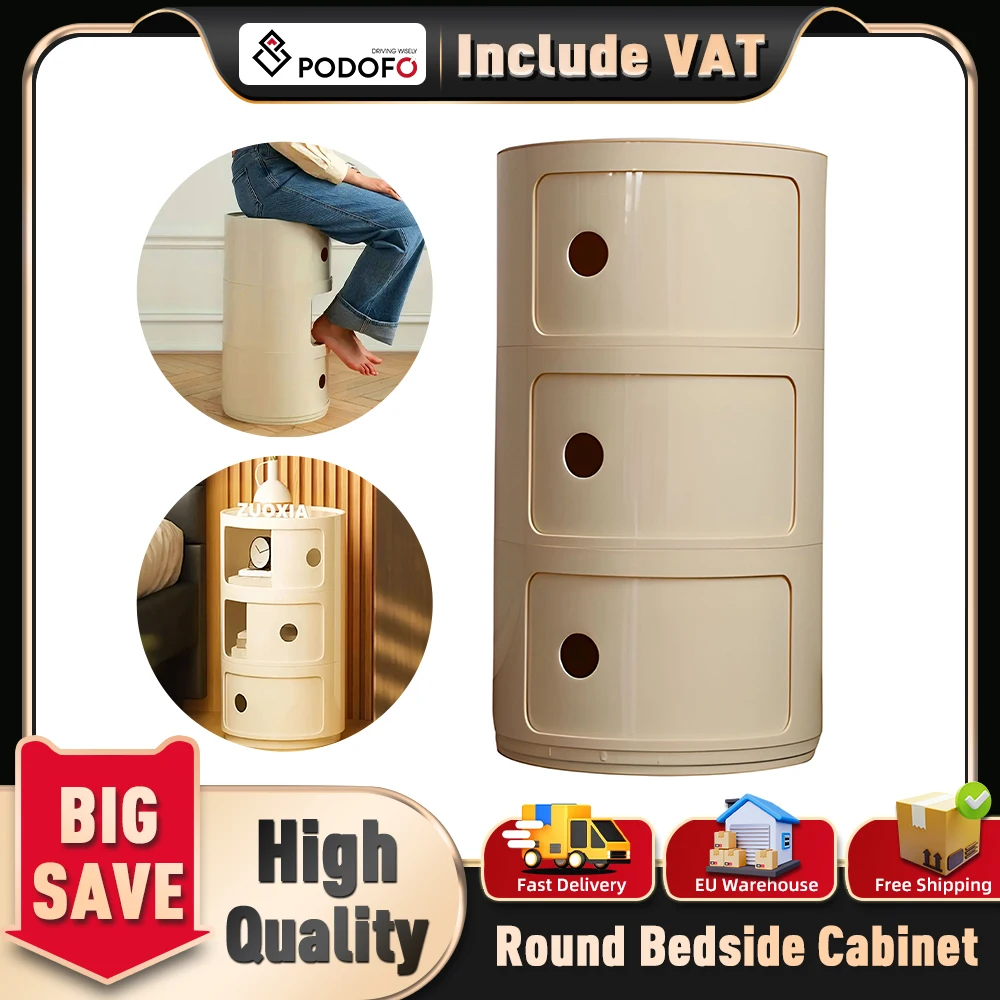 Podofo Household Nordic Bedside Table Storage Cabinet Bedroom Multi-layer Round Bedside Table Modern Simple Creative Plastic Sid