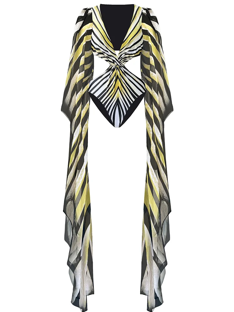 Vzvn 2026 New for Women Swimwear Bodysuit Sexy Fashion Print Swim Suit Bathing Suit Beachwear Long Sleeve One Piece Swimsuit