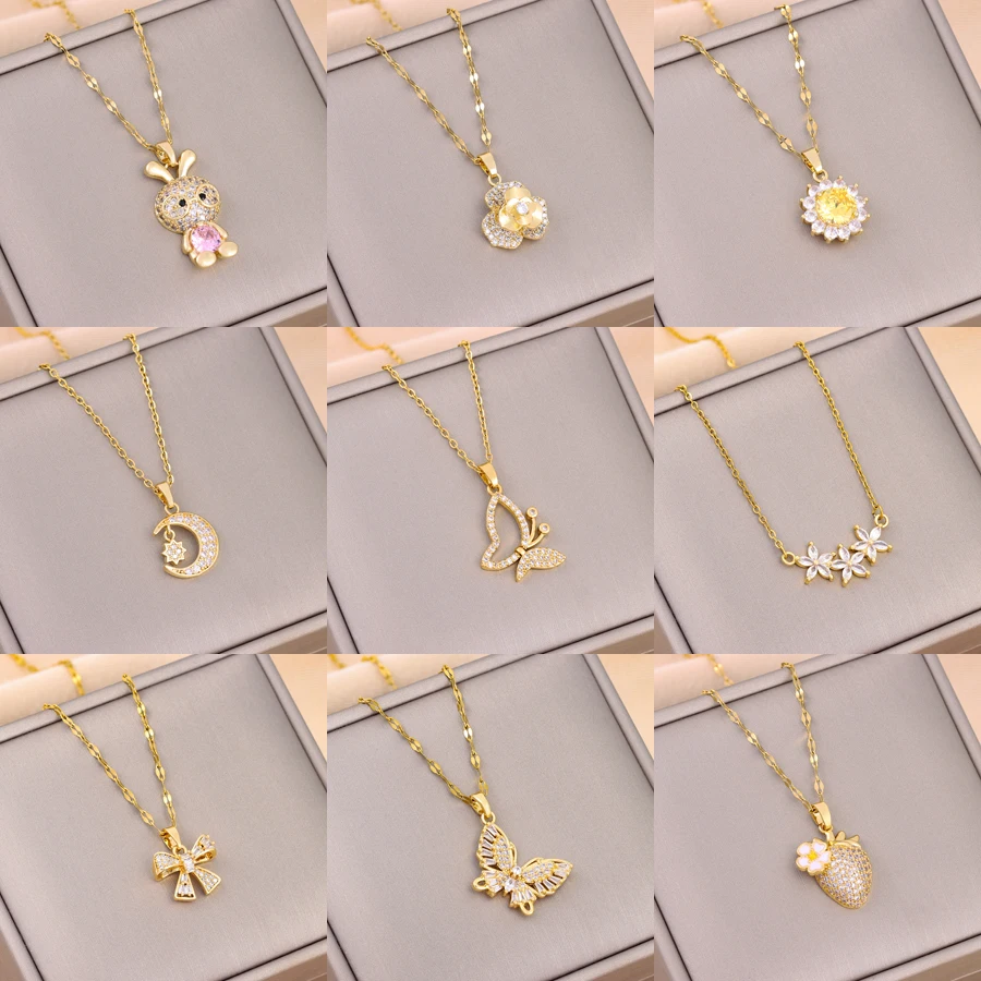 Trendy 18K Gold Plated Zircon Crystal Pendant Stainless Steel Necklace For Women Female Clavicle Chain Jewelry Lady Accessories