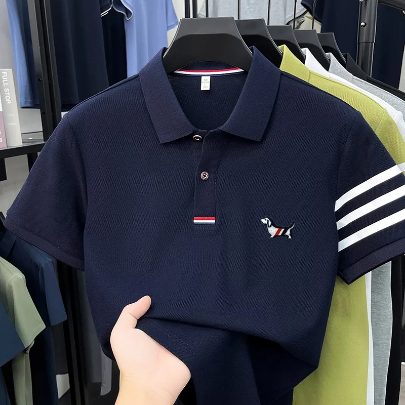luxury brand men's high quality short sleeves polo shirt lapel embroidery puppy cuff stripe t-shirt business leisure men's wear