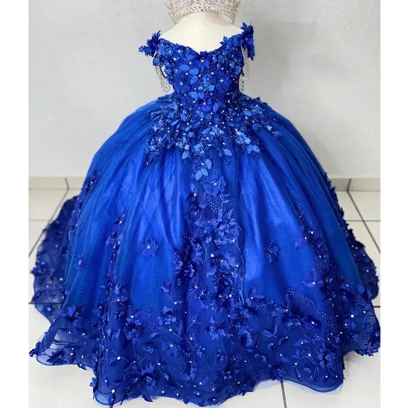 Royal Blue Flower Girl Dresses for Weddings Lace Appliques Kids Little Bride Evening Party Priness First Communion Ball Gowns