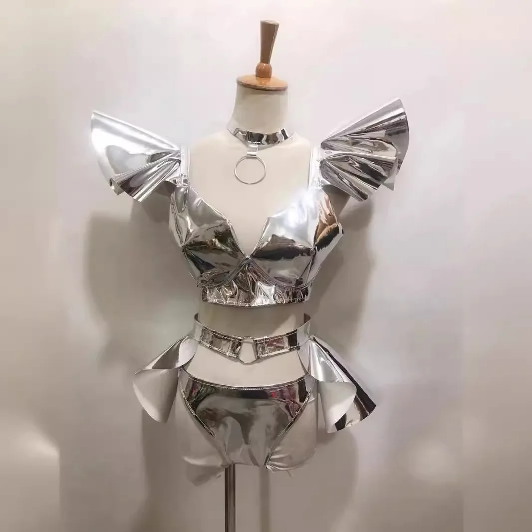 Hard Leather Sparkling Performance Suit Gogo Singer Ds Dance Stage Outfit Nightclub Bar Bright Light Polyester Lycra Material