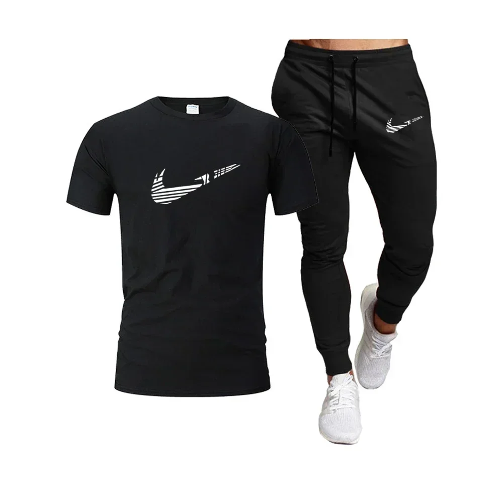 Summer Sports Men's Jogging Pure cotton T-shirt + thin long Pants 2-piece breathable and quick-drying set