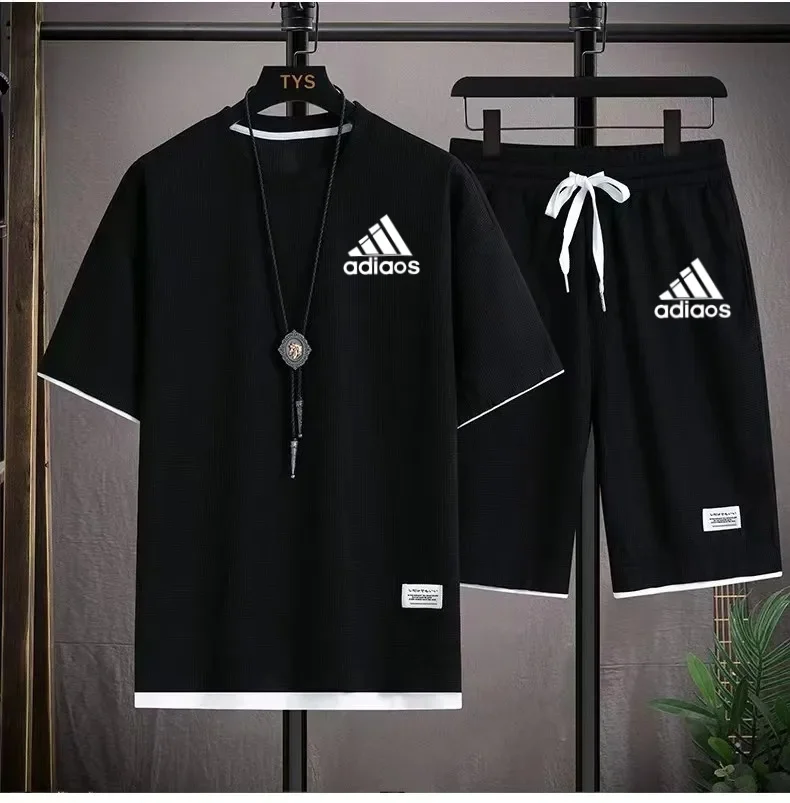 Fashion casual T-shirt+shorts set, sports set, loose and comfortable 2025 men's summer waffle suit