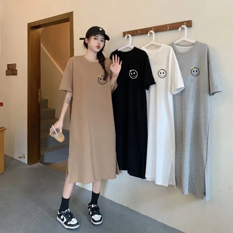 Plus Size Loose Short Sleeved Dress Women Korean Style Comfortable Casual Slit Dress