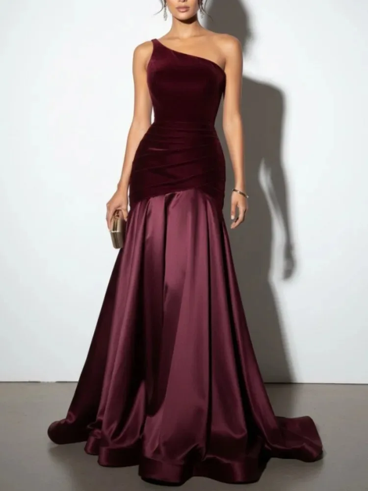 2026 Women's Elegant One Shoulder Velvet Cocktail Party Maxi Dresses Ruched Waist High-low Hem Formal Wedding Guest Gown Robe