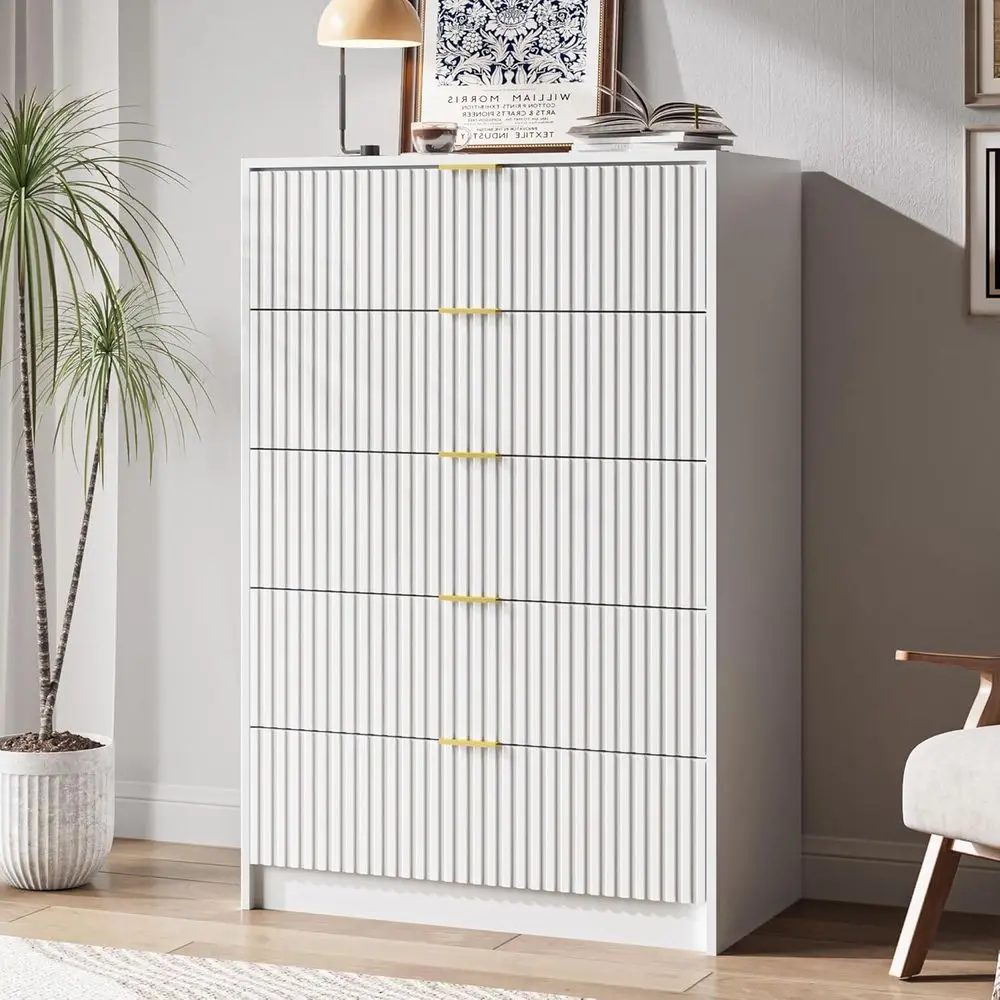 32 Inch Wide Gold-Handled Tall Chest for Bedrooms, Living Rooms, Offices, and Entryways in White