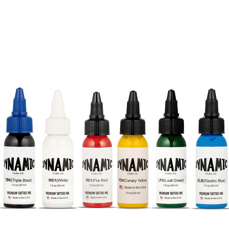 Tattoo Ink Set 6 Bottles (1 oz Each) Includes:Triple Black,White,Fire Red,Canary Yellow,Leaf Green and Electric Blue 6colors