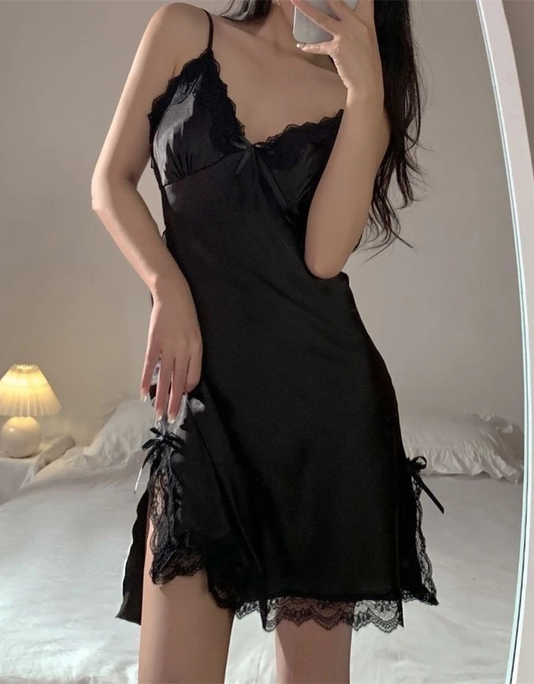 Sexy Lace Trim Pure Desire Spicy Strap Sp Dr Women Summer Ice Silk Thin Soft Deep V Dr V-ne ort Dr Home Clothes