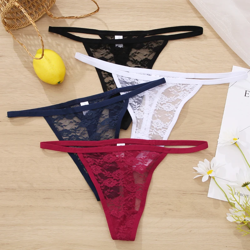 New G String Lace Panties Sexy Thong For Women Panties Low Waist Solid Female Underpants Perspective Underwear Intimates M-XL