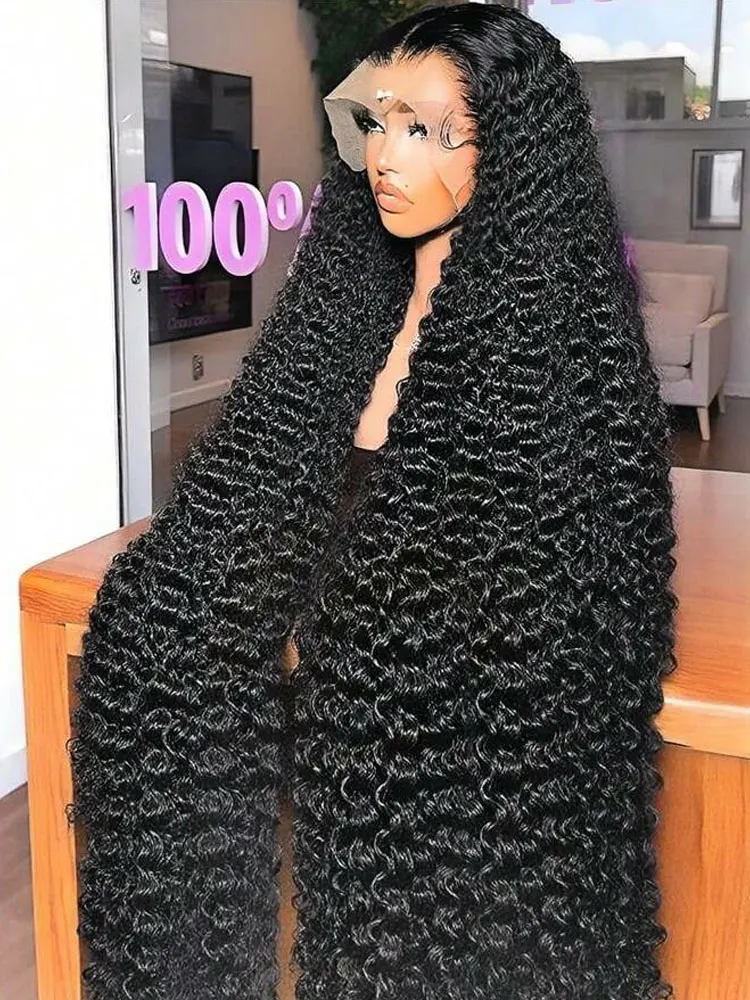 13x6 Deep Wave Lace Front Wigs Human Hair 250% Density 40 Inch Curly Human Hair Wig for Women Natural Black HD Transparent Lace