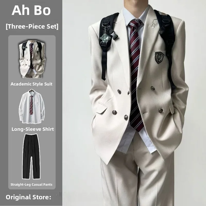 Japanese Sle Men's Double Breasted Suit Jaet And Pants Set in Light Beige for Spring And Autumn Seasonal School orm