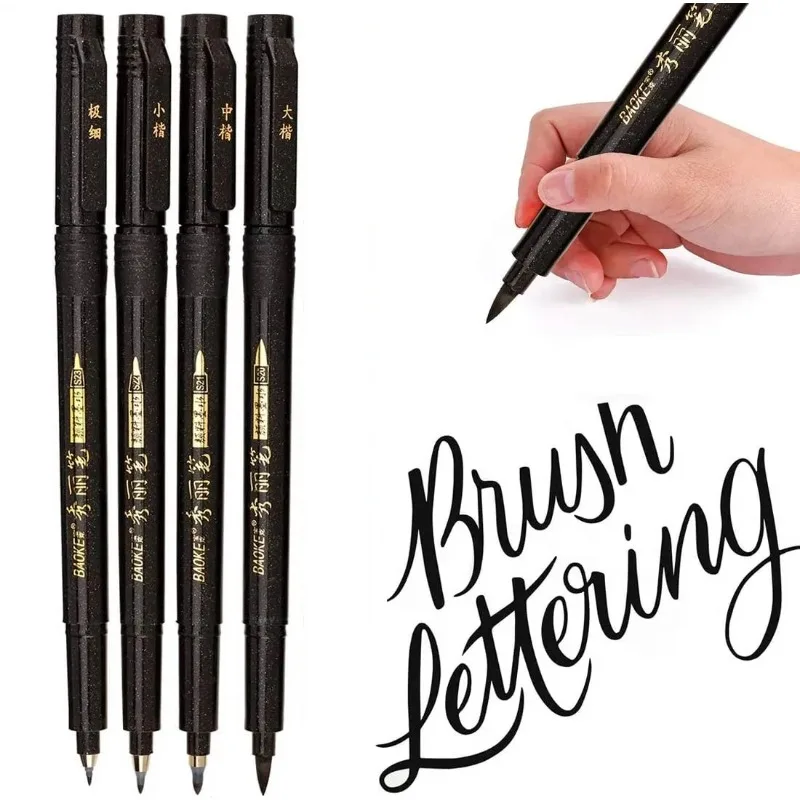 4Pcs Hand Lettering Calligraphy Pens Brush Markers Set Soft and Hard Tip, Black Ink Refillable for Beginner Writing Art Drawing