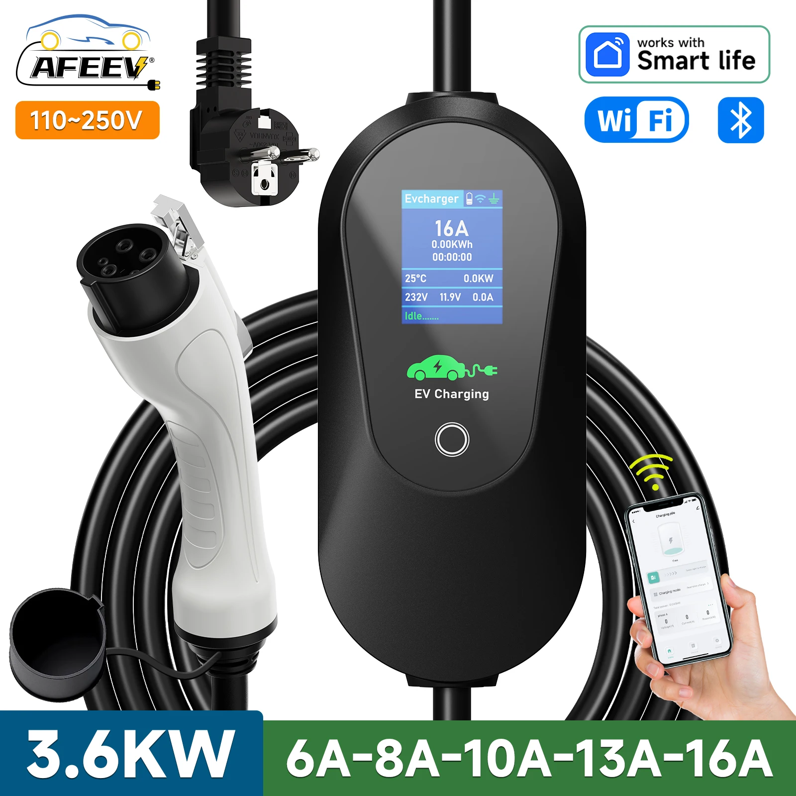 AFEEV 3.6KW Type1 SAE J1772 Portable EV Charger 16A Type2 Electric Car Charger GB/T EVSE Fast Charging Cable WiFi APP Control