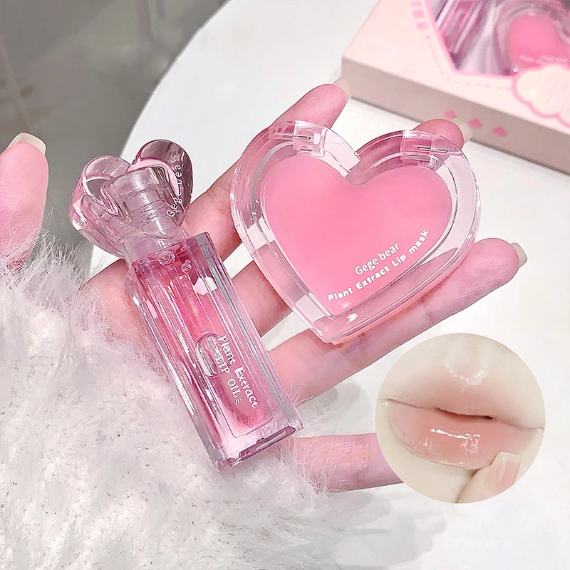 Pink Heart Lip Care Set Moisturizing Reduce Dry Wrinkles Transparent Tint Mirror DUDU Lip Oil Lip Mask Girl Lipstick Makeup Base