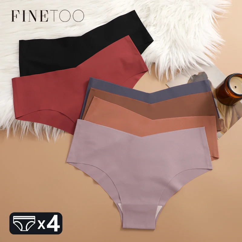 FINETOO 4pcs Seamless Ultra-thin Underwear Women's Panties Sexy V-Waist Breathable Briefs Female Silk Stretch Invisible Lingerie