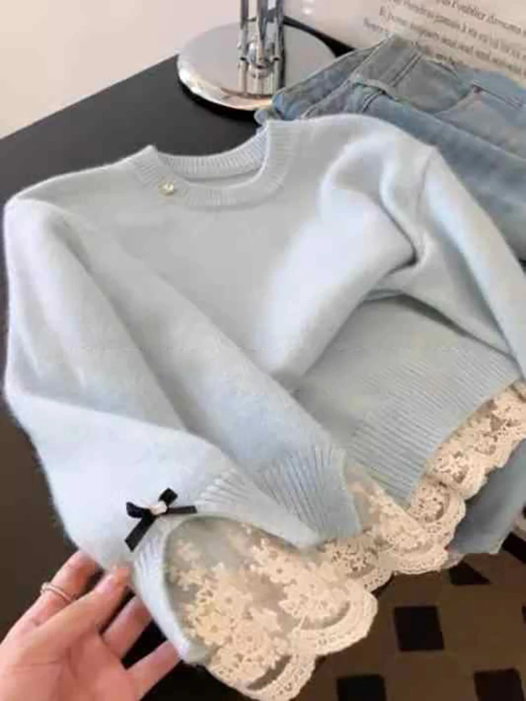 Women's Lace Splice Bottoming Sweater Korean Style O-neck Long Sleeve Pullover Knitshirts Lady Blue Soft Knitted Tops