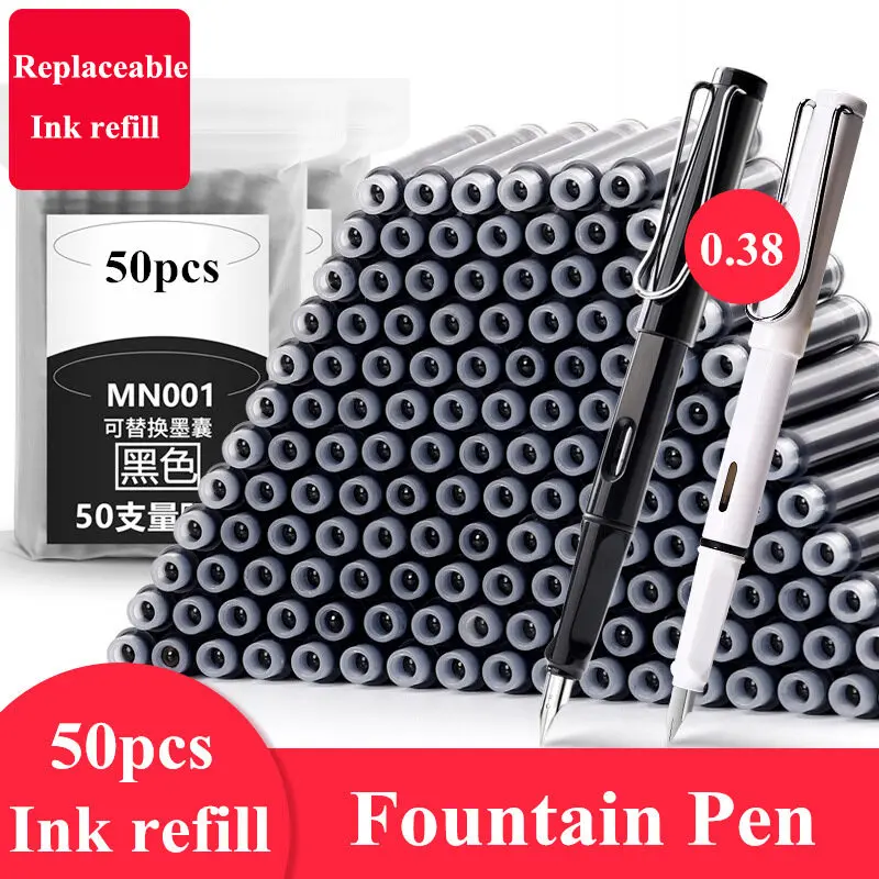 0.38mm Fountain Pen Set with Replaceable Ink Refill, 2 Pens + 50 Disposable Ink Refills Student School Office Stationery