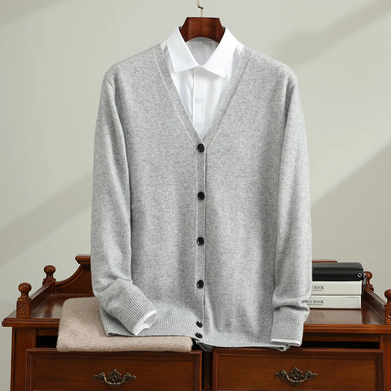 Men's 100% Cashmere Cardigan Spring/Autumn Casual Solid Knitted V-neck Sweater Loose Thick Warm Single-Breasted Jumper Coat