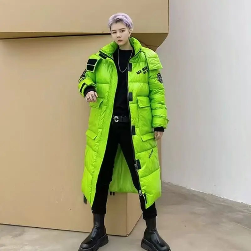 Winter Long Down Jacket Men's Light Luxury Fashion Shiny Waterproof White Duck Down Warm Jacket Women's Brand Ski Hooded Coat