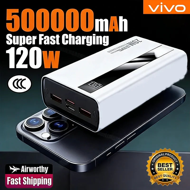 VIVO 2026 New Large Capacity 500000mAh Power Bank 120W Fast Charging Portable Digital Display Ultra Powerbank For iPhone Samsung