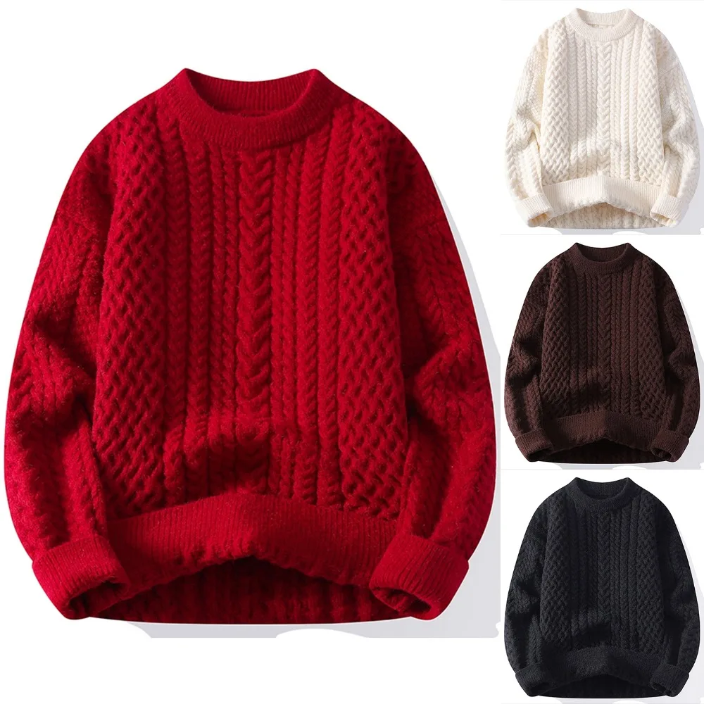 Round Neck Knitting Fried Dough Twists Sweater for Men Christmas Thickened Long Sleeved Senior Sweater Solid Winter Pullover