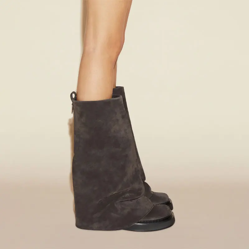 Women's Leather Thick Soled Flat Bottomed Knee High Boots, Square Toe Mid Length Boots, Plus Size Pleated Pants and Leg Boots