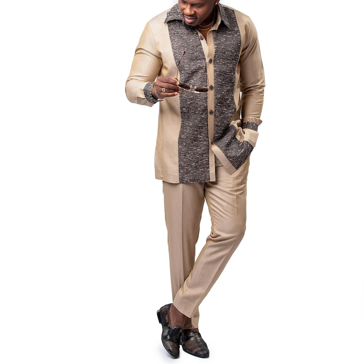 African traditional dress men's suit Long sleeve ethnic style printed patchwork shirt casual pants 2 piece holiday casual suit