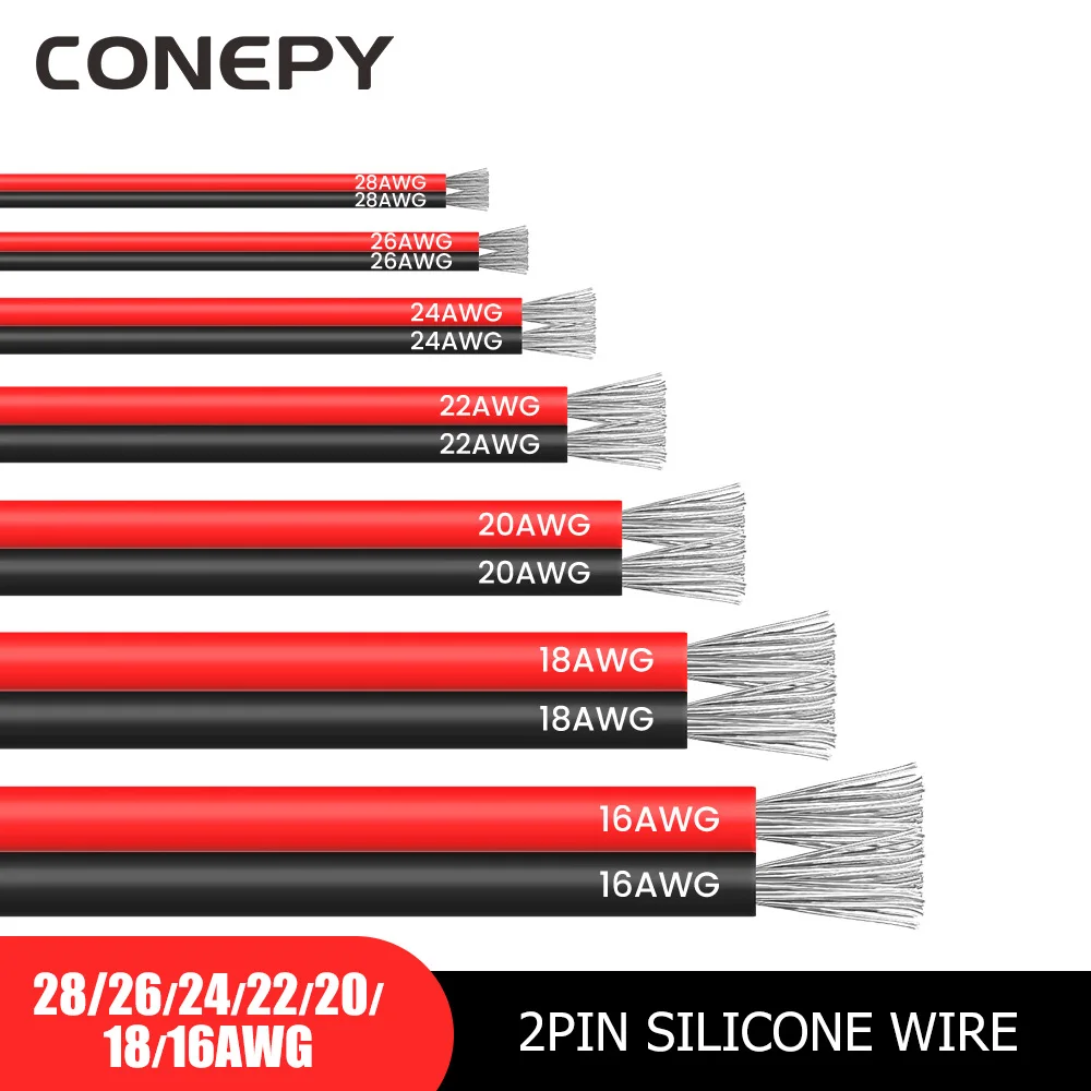 CONEPY 5M 2Pin Silicone Cable 16AWG 18AWG 20AWG 22AWG 24AWG 26AWG 28AWG Red Black Electrical Wire For LED Car Audio Connector