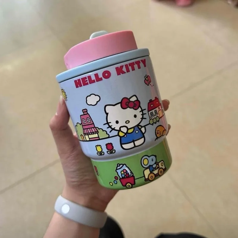Cute cartoon Hello Kitty thermos cup, outdoor travel office, student double-hole straw cup, cute portable tumbler, holiday gift