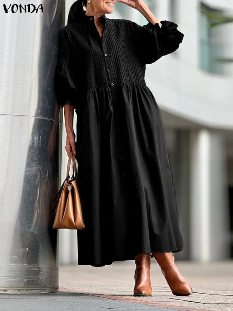 VONDA Plus Size Dresses Elegant Party Women Autumn 3/4 Lantern Sleeve Pleated Maxi Sundress Casual Fashion Wedding Long Robe 5XL
