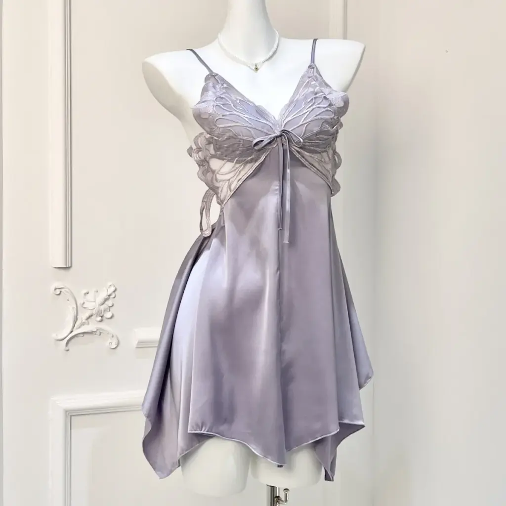 Summer New Sexy Back Butterfly Ice Silk Strap Sleep Dress with Chest Pad Home Wear Comfortable Pure Desire Women's Nightgown