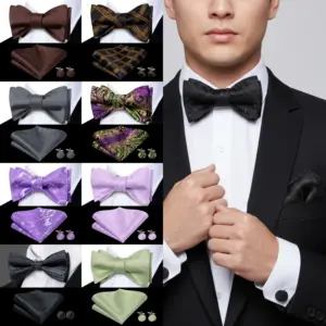 Mens Self Bowtie Black Purple Blue Green Floral Stripes Bow Tie Pocket Square Cufflinks Set Wedding Formal Casual Office Party