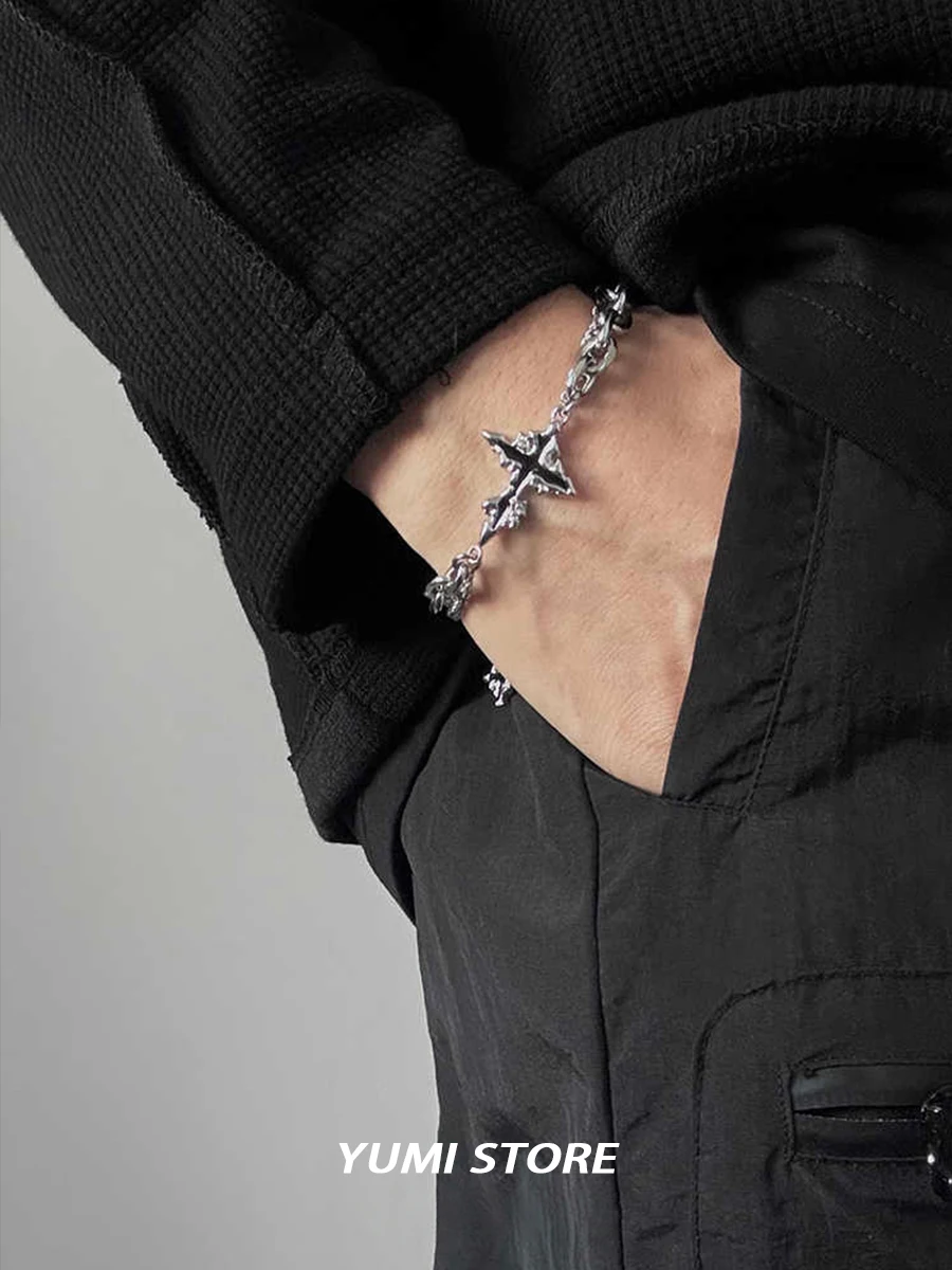 Retro Flame Cross Bracelet For Men Woman Hip Hop Titanium Steel Splice Chain Charm Unisex Jewelry Cool Kpop Luxury Accessories