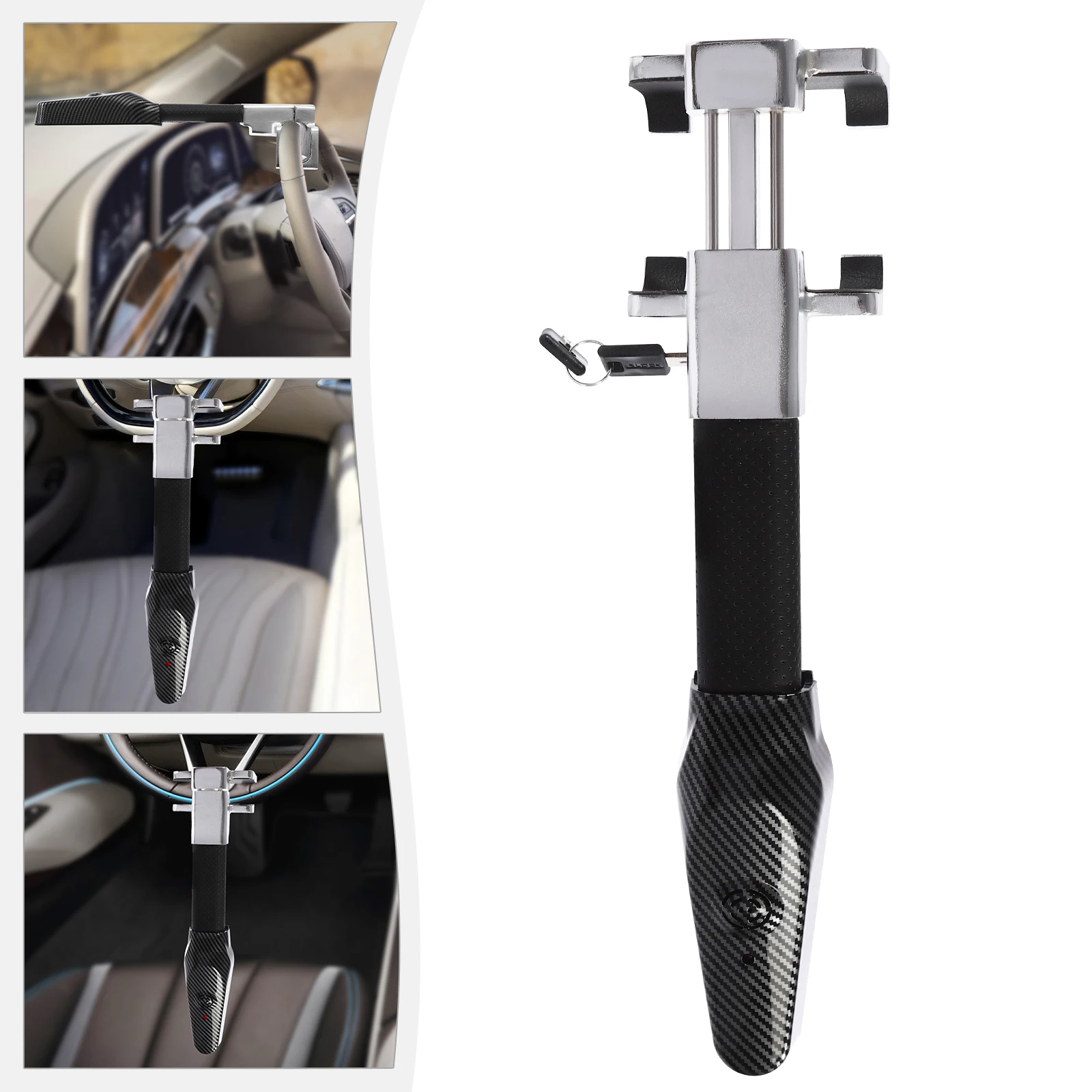 Car Steering Wheel Lock with Alarm, Key Lock, Steering Wheel Lock, 2 Keys, Suitable for Cars Vans Trucks Suvs etc, Black