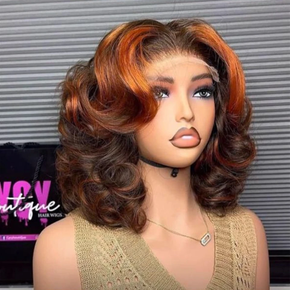 4/350 Highlight Loose Fumi Human Hair Wigs Short Loose Bouncy Curly Bob Wigs 13x4 Lace Front Wear to go Glueless Wigs For Women