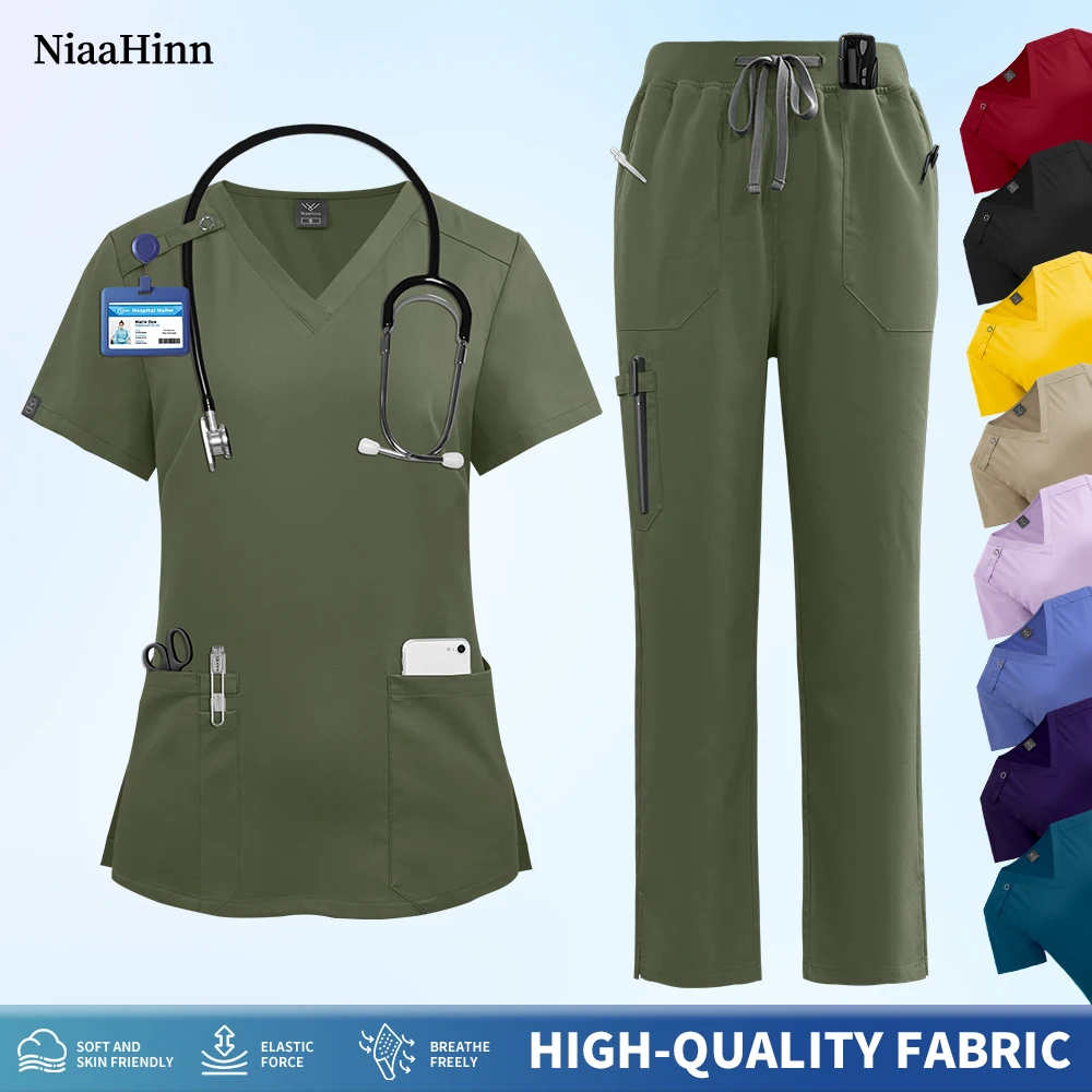 Niaahinn Outdoor Nurse Costume for Women Stylish V-Neck Short Sleeve Top with Straight Leg Pants Beautician Suit Medical Clothes