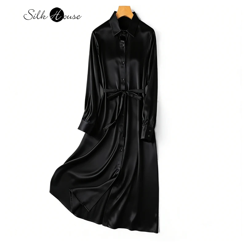 2026 Women's Fashion Spring New 100% Natural Mulberry Silk Black Satin High Grade Single Breasted Shirt Style Long Sleeve Dress