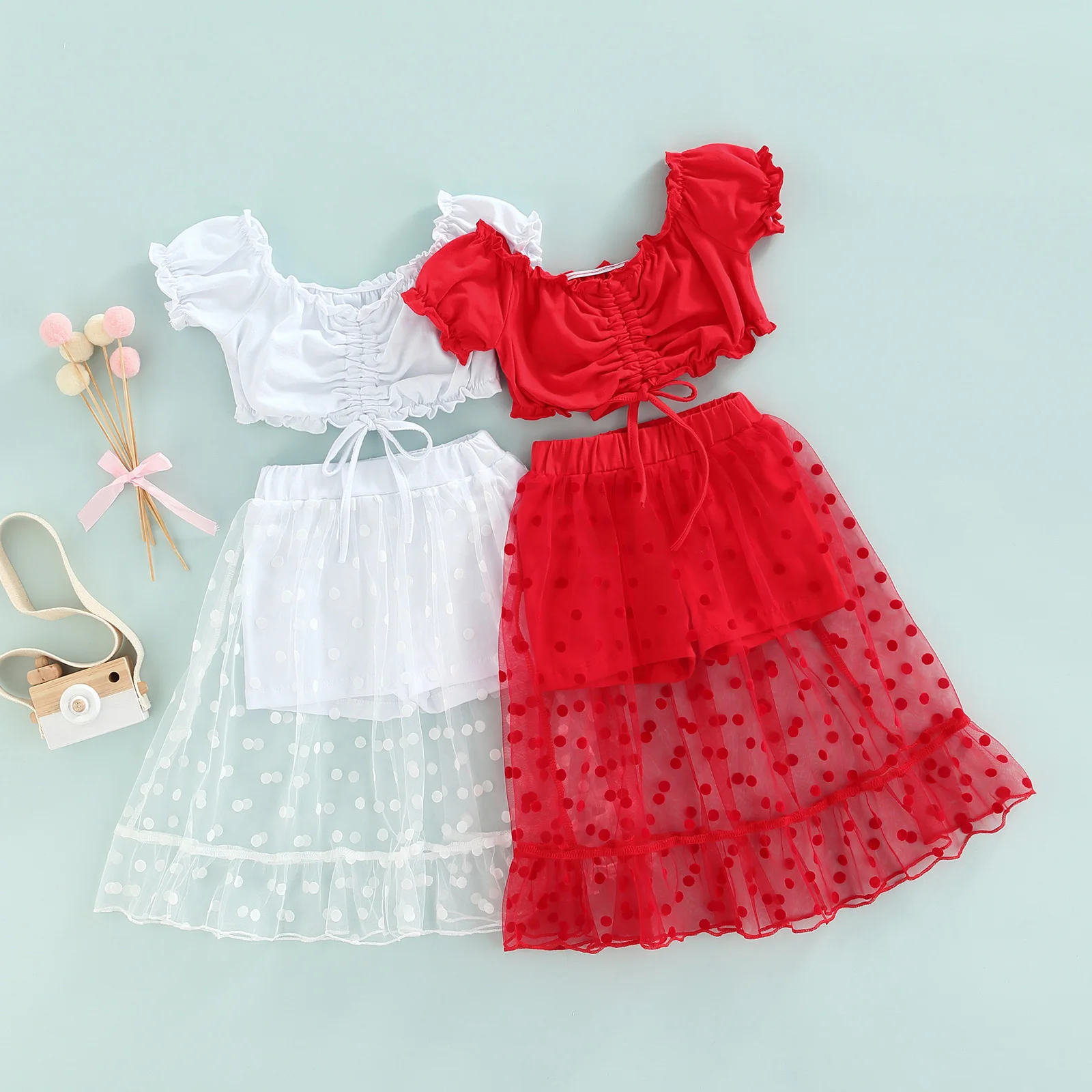 Kids Baby Girl 2Pcs Suit, Toddler Kid Girl Ruffle Trim Drawstring Pleated Short Sleeve Tops + Patchwork Mesh Shorts Skirts 2-7T