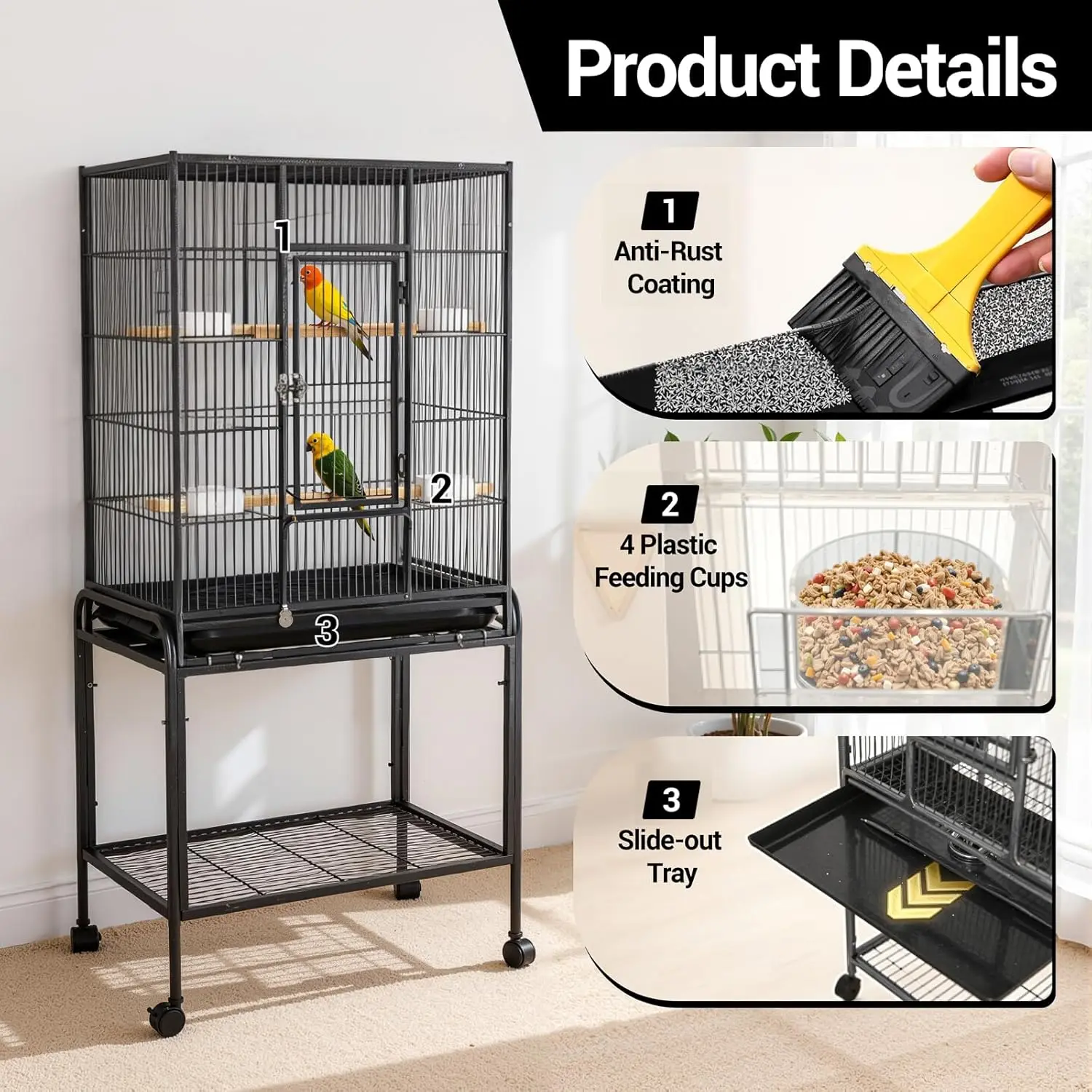 53-Inch Bird Flight Cage, Wrought Iron Standing Roller Bird Cage w/Rolling Stand for Cockatiels Pet Parrot Lovebird Canary Finch