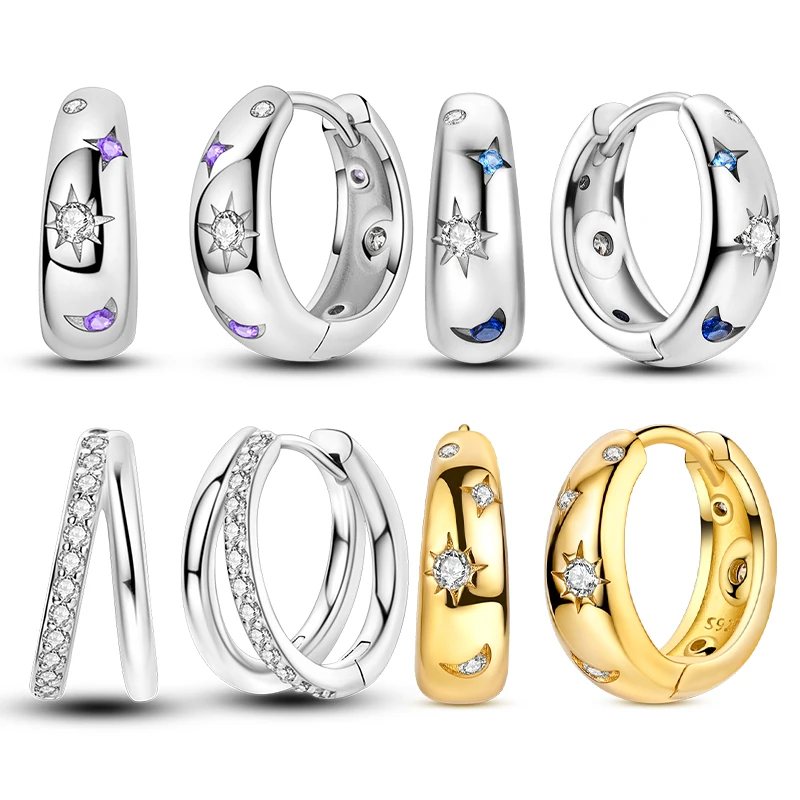 Original 925 Sterling Silver Hoop Earring Classic Sun Moon and Star Earring for Women Party Exquisite Compact Jewelry Accessorie