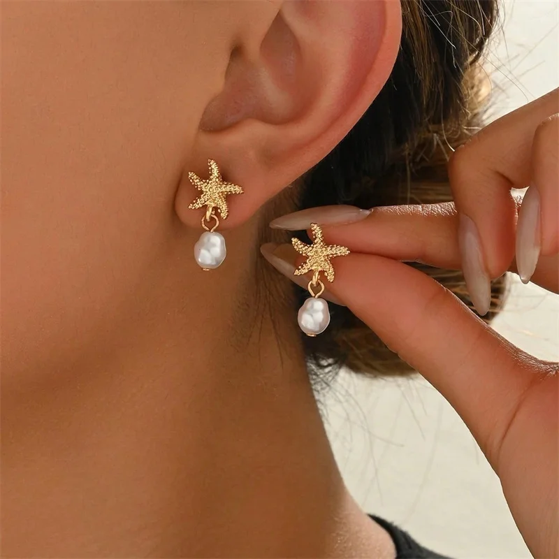 Summer Starfish Imitation Pearl Drop Earrings for Women Fashion Metal Shell Earring Summer Day Beach Vacation Style Jewelry Gift