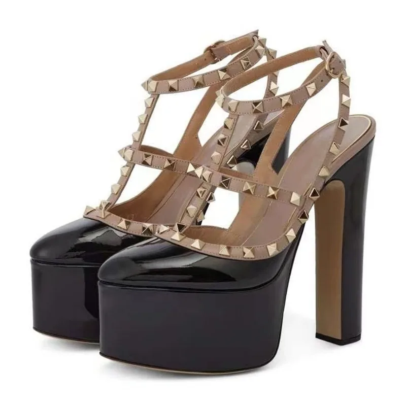 European and American Summer Thick Heel Round Head Rivet Patent Leather Thickened Water Table Outdoor Wear Air Show Sandals