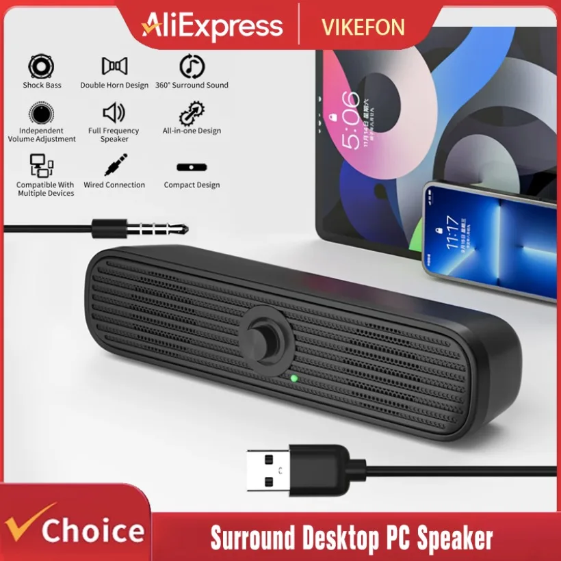 VIKEFON Surround Desktop PC Speaker Home Stereo 3.5Aux USB Soundbar System Computer TV Phone HIFI Subwoofer Wired Strong Bass