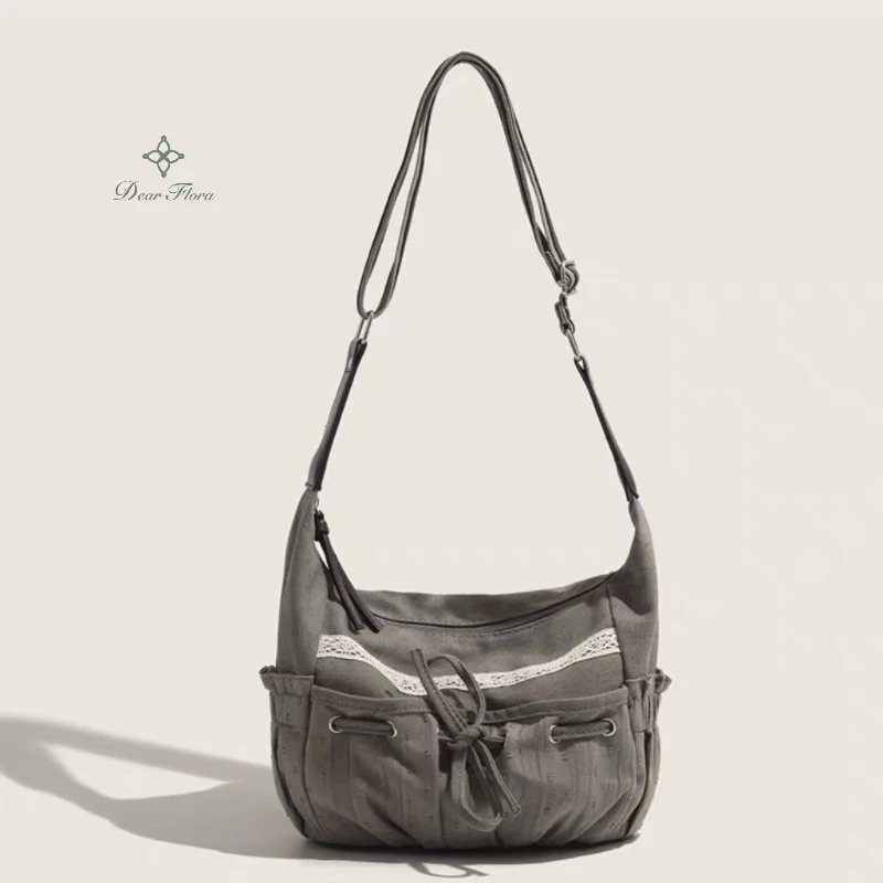 Cute Sweet Girl Bow Canvas Crossbody Bag Women Vintage Casual Shoulder Bags Ladies Retro Messenger Bag Showy Handbag Chic Purses