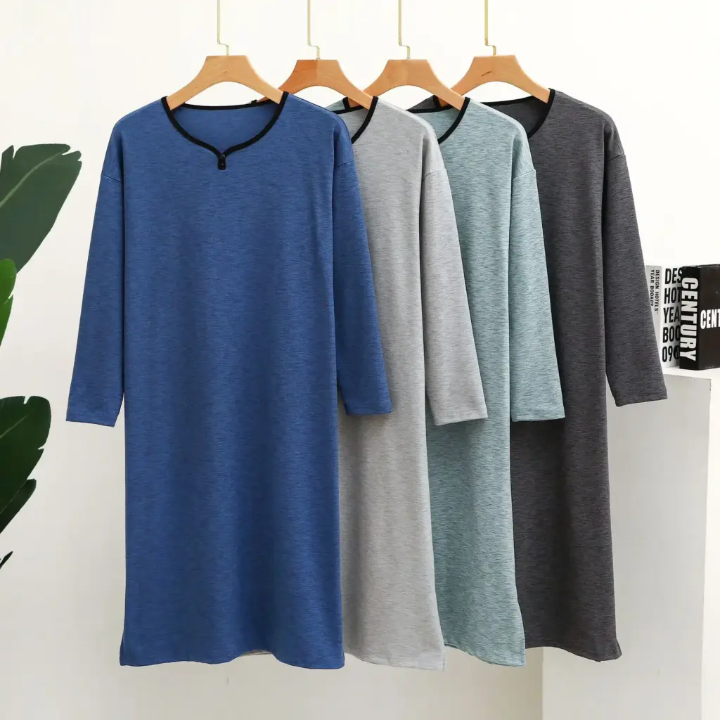 Autumn and Winter Colorful Thickened Button Up Collar Long Sleeve Plus-Sized One-Piece Pajamas Home Men Bathrobe Nightshirt